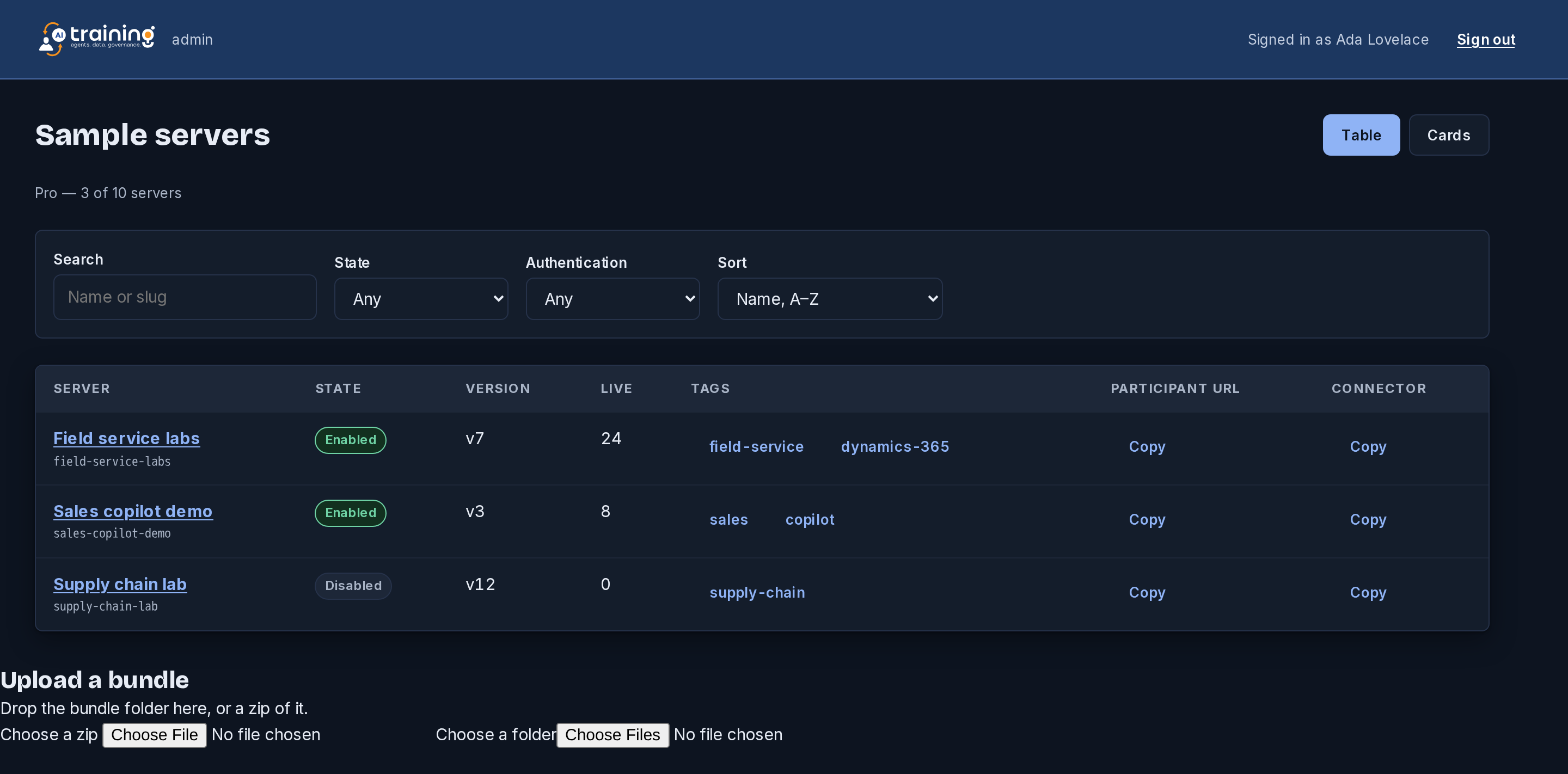 The same catalog in the dark theme.