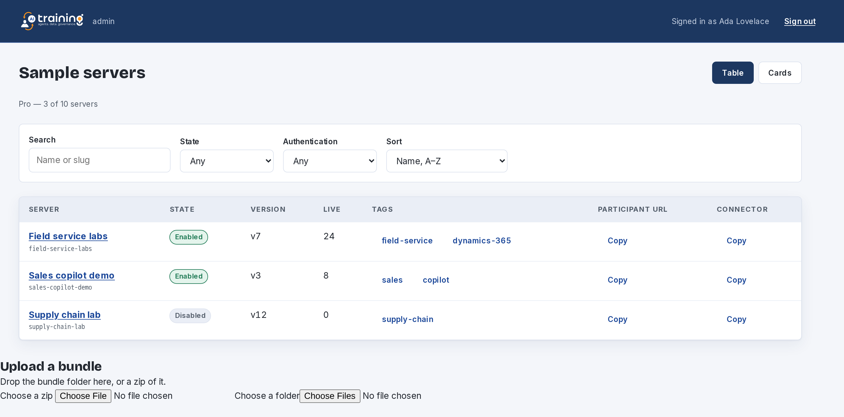 The catalog in the console: a table of an organization’s sample servers, each row showing the name and slug, whether the server is enabled, its current version, how many sessions are live on it, its tags, and controls to copy its participant URL and its connector document. Above the table are search, state, authentication and sort filters, and a line naming the plan and how much of its server allowance is in use.